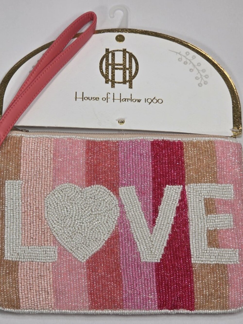 House of Harlow 1960 Pink Beaded LOVE Pouch Striped Wristlet Clutch Bag NWT